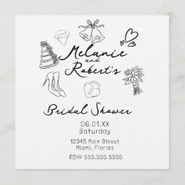 Invitación Whimiscal Cute Doodles Black White Bridal Shower
