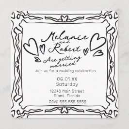 Invitación Whimiscal Cute Doodles Black White Frame Wedding