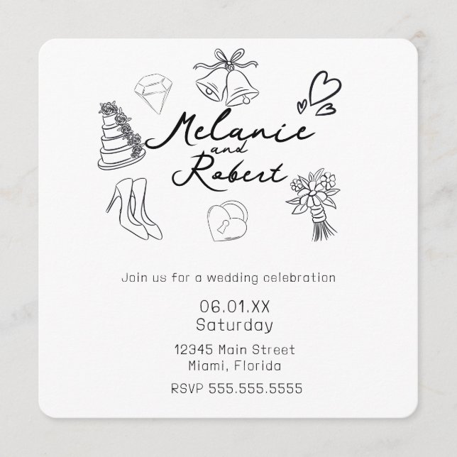 Invitación Whimiscal Cute Doodles Black White Wedding (Anverso)