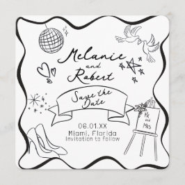 Invitación Whimiscal Doodles Black White Frame Save the Date