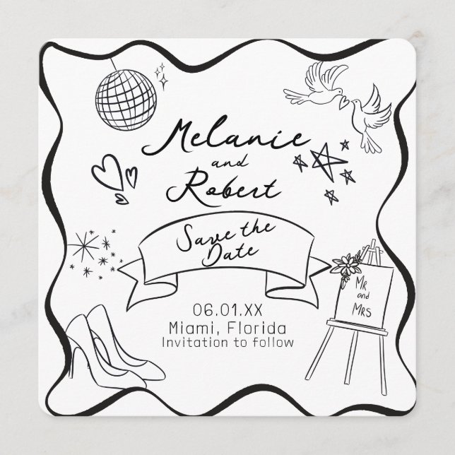 Invitación Whimiscal Doodles Black White Frame Save the Date (Anverso)