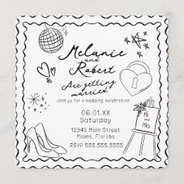 Invitación Whimiscal Doodles Black White Frame Wedding