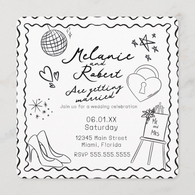 Invitación Whimiscal Doodles Black White Frame Wedding (Anverso)