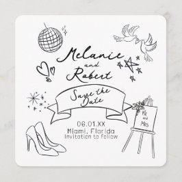 Invitación Whimiscal Doodles Black White Save the Date