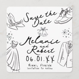 Invitación Whimiscal Doodles Groom Bride Save the Date