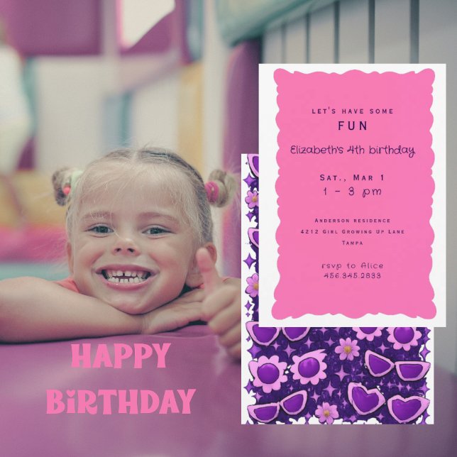 Invitación Whimiscal Purple and Pink 4th Birthday Party II (Subido por el creador)