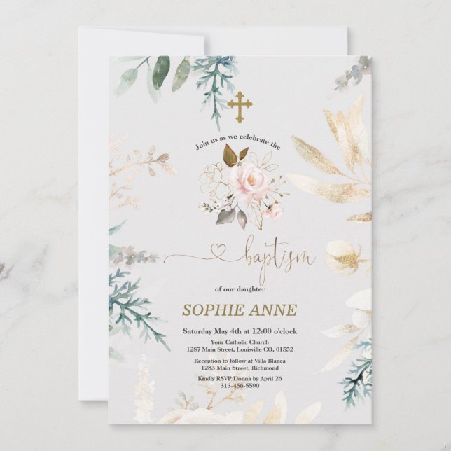 Invitación Whimsical acuarela Floral Rosa Bautismo de Oro (Anverso)