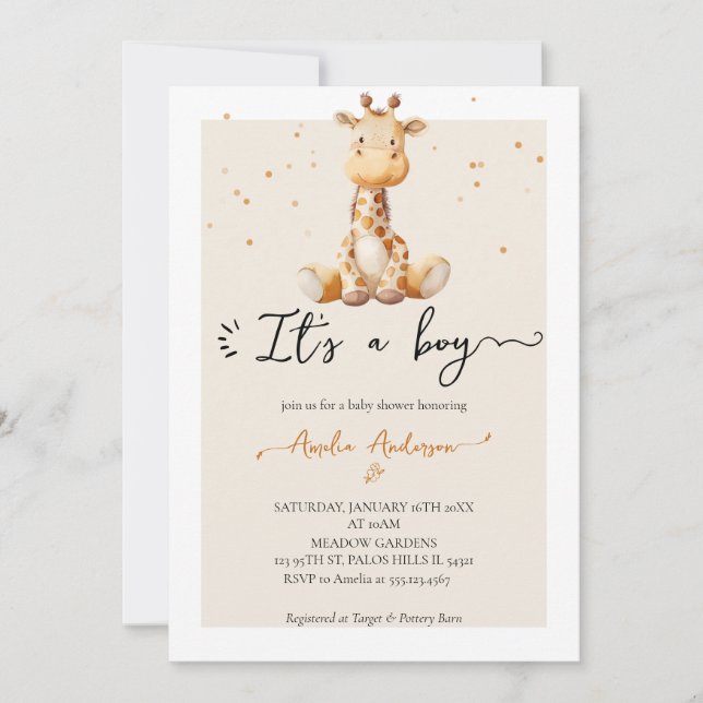 Invitación Whimsical acuarela Giraffe Plush Baby Shower (Anverso)