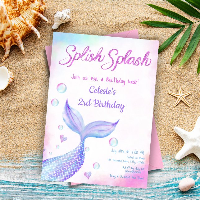 Invitación Whimsical acuarela Sirenita Splish Splash Purpurin (Create mer-mazing memories with our customizable 'Splish Splash' invitation!)