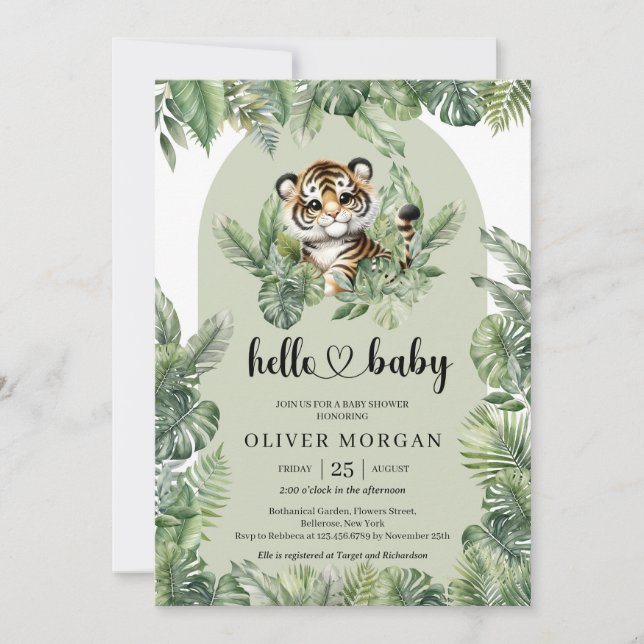 Invitación Whimsical acuarela vegetación tropical tigre lindo (Anverso)