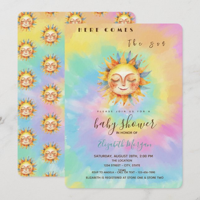 Invitación Whimsical Aquí Viene El Baby Shower De Sun Tie Dye (Anverso / Reverso)