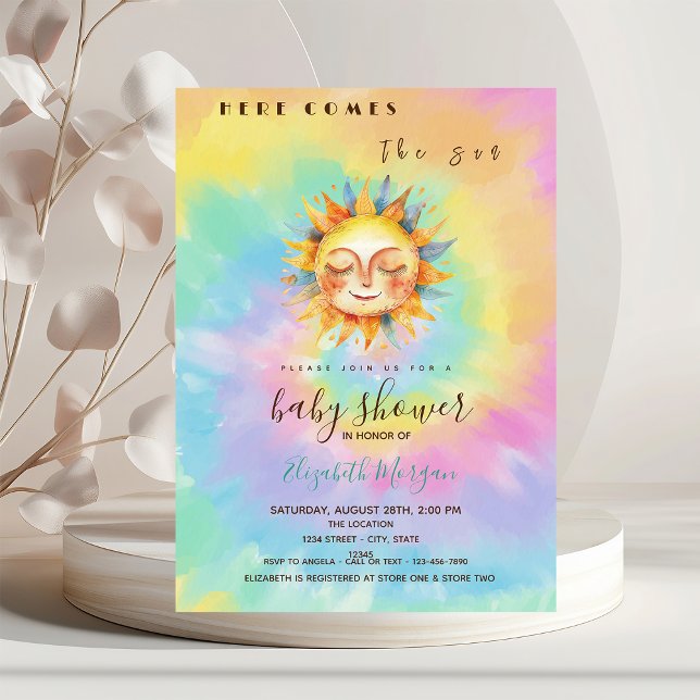 Invitación Whimsical Aquí Viene El Baby Shower De Sun Tie Dye (Subido por el creador)