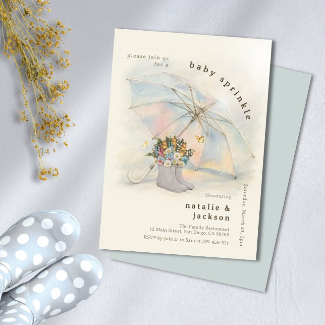 Invitación Whimsical Aura Paraguas Florales Bebés Bebé Sprink (Whimsical Aura Umbrella Floral Boots Baby Sprinkle Invitation)