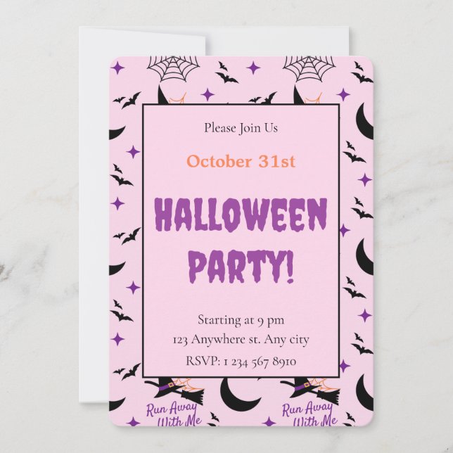 Invitación Whimsical Away Away Conmigo Bruja Y Bat Halloween (Anverso)