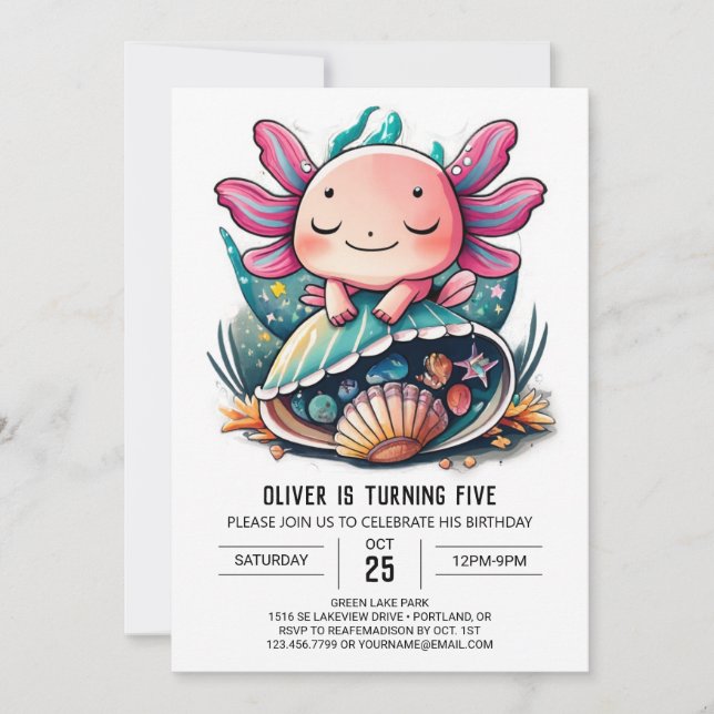 Invitación Whimsical Axolotl Cumpleaños Submarino (Anverso)