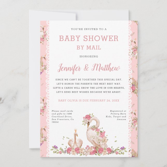 Invitación Whimsical Baby Shower Por Mail Fairy Tale Swans  (Anverso)