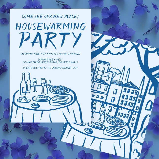 Invitación Whimsical Balcony Apartment Personalizado Calentam (Whimsical Balcony Apartment Custom Housewarming Invitation Trendy Cute Doodle Quirky Hand drawn)