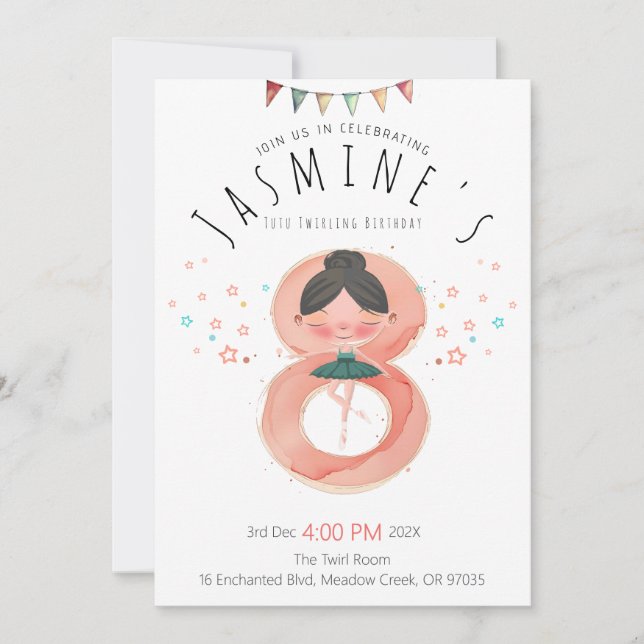 Invitación Whimsical Ballet 8 Chica de cumpleaños (Anverso)