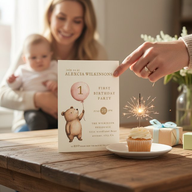 Invitación Whimsical Bear "One" Heart Balloon Birthday  (Subido por el creador)