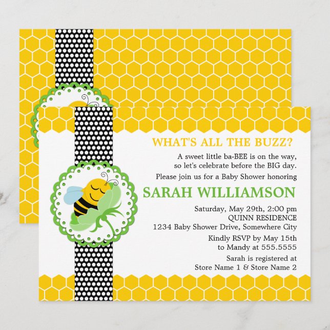 Invitación Whimsical Bee Baby Shower (Anverso / Reverso)