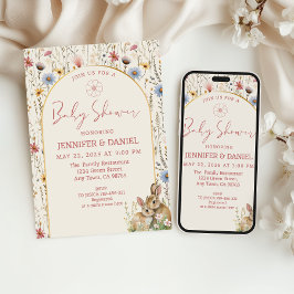 Invitación Whimsical Beige Wildflower Bunnies Baby Shower