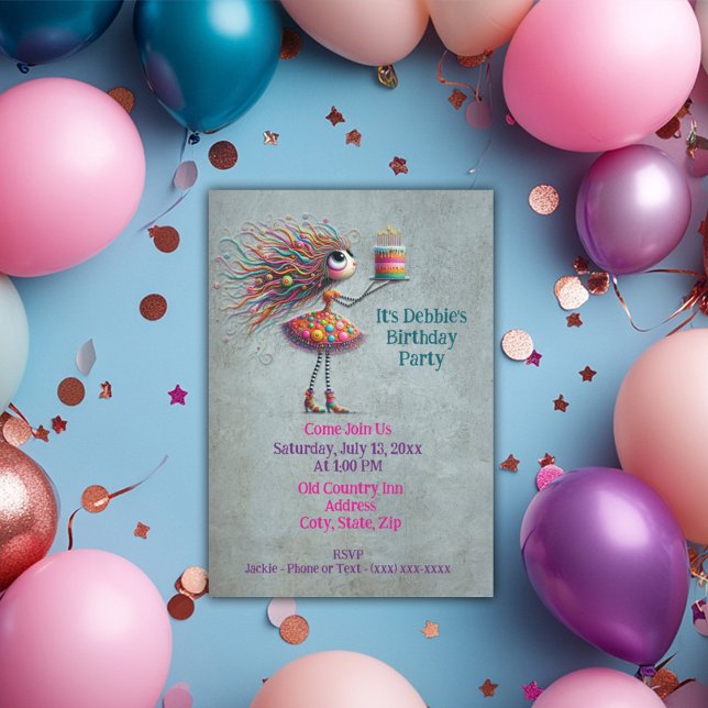 Invitación Whimsical Big Eyed Birthday Chica (Subido por el creador)