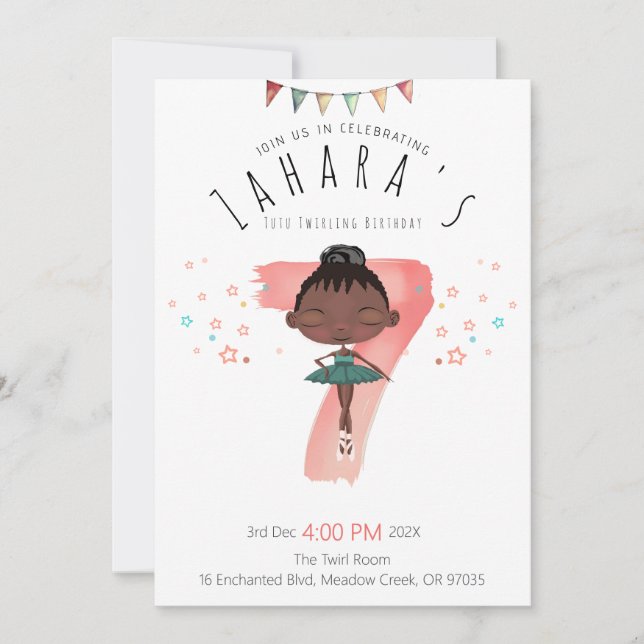 Invitación Whimsical Black Ballerina 7º cumpleaños (Anverso)