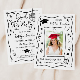 Invitación Whimsical Black Doodle Photo Grad Party