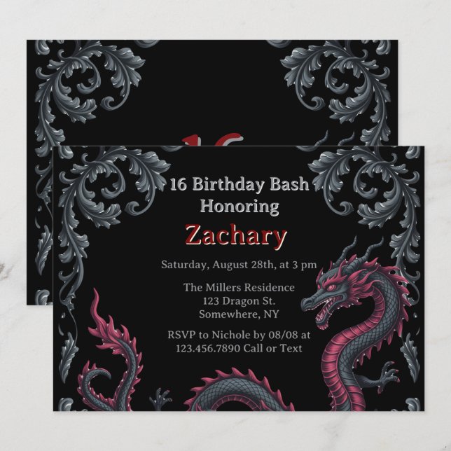 Invitación Whimsical Black Red Dragon Damask Sweet 16 Bash (Anverso / Reverso)