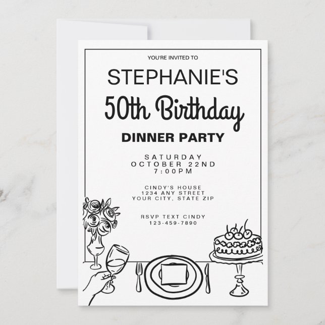 Invitación Whimsical Black & White 50 Birthday Dinner Fiesta (Anverso)