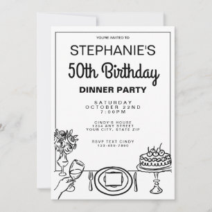 Invitación Whimsical Black & White 50 Birthday Dinner Fiesta
