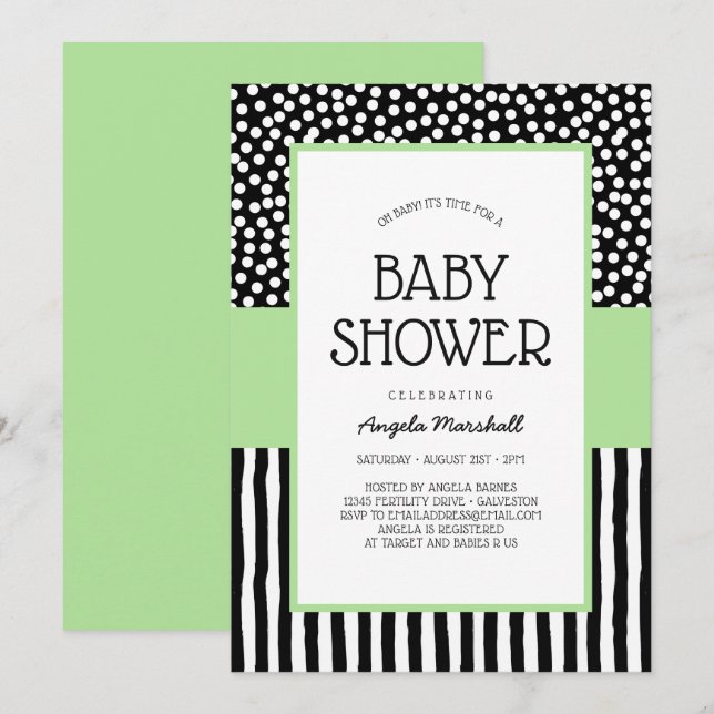 Invitación Whimsical Black White y Baby Shower Verde (Anverso / Reverso)