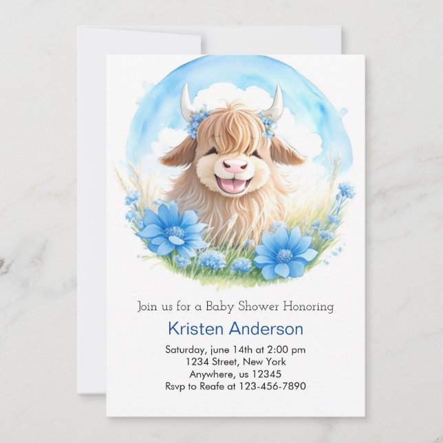 Invitación Whimsical Blissful Highland Cow Boy Baby Shower (Anverso)