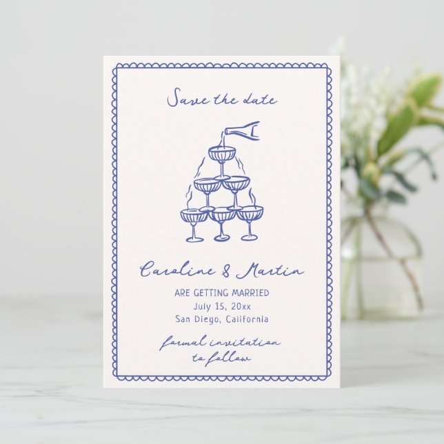 Invitación Whimsical blue, boda dibujada por la mano ahorra l (Anverso de pie)