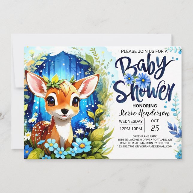 Invitación Whimsical Blue Deer Theme Baby Shower (Anverso)