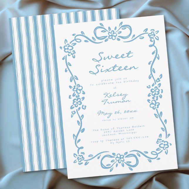 Invitación Whimsical Blue Drawn Floral Sweet Sixteen Birthday (Whimsical Blue Drawn Floral Sweet Sixteen Birthday Invitation)