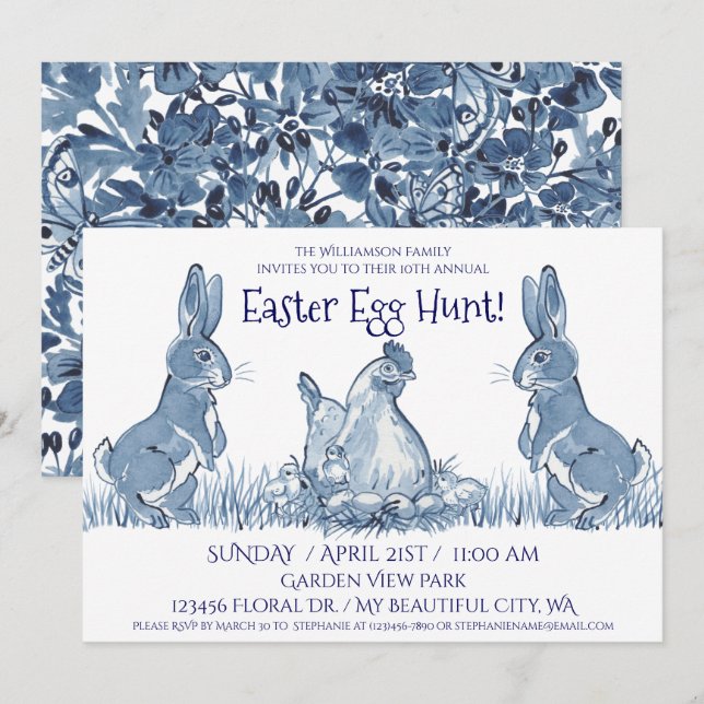 Invitación Whimsical Blue Easter Bunny Hen Chicks Huevo Hunt (Anverso / Reverso)
