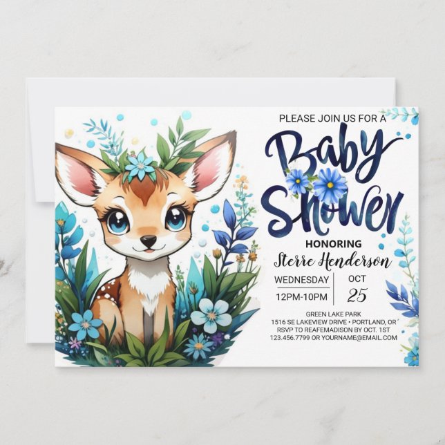 Invitación Whimsical Blue Fawn Woodland Baby Shower para Boy (Anverso)