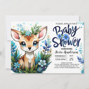 Invitación Whimsical Blue Fawn Woodland Baby Shower para Boy