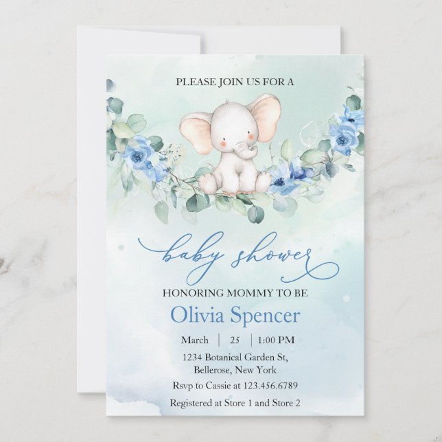 Invitación Whimsical Blue Floral Elephant Baby Shower (Anverso)