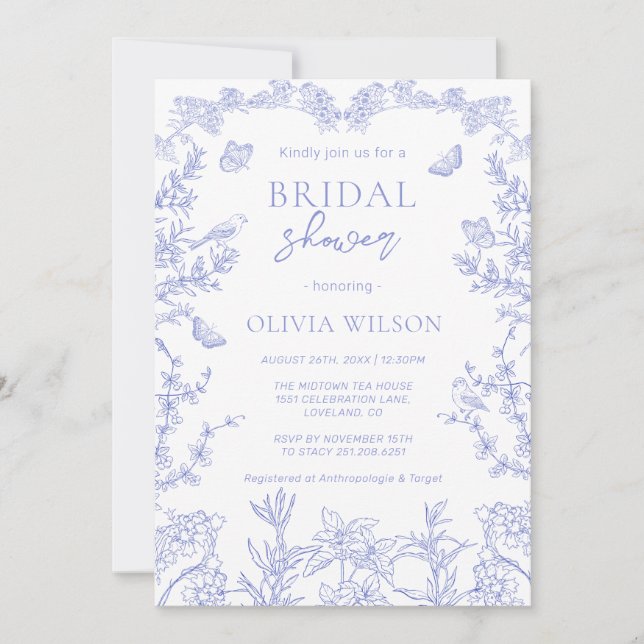 Invitación Whimsical Blue Garden Chinoiserie Bridal (Anverso)