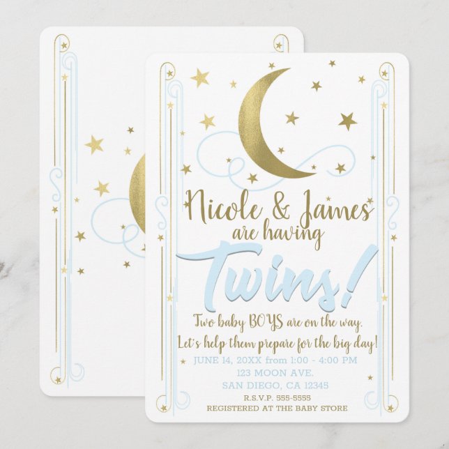 Invitación Whimsical Blue Gold Moon Stars Twins Baby Shower (Anverso / Reverso)