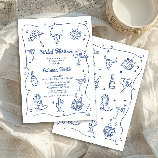 Invitación Whimsical Blue Hand Drake Cowgirl Bridal Shower (Whimsical Blue Hand Drawn Bridal Shower Invitation, Western Cowgirl Disco Ball Cowgirl Boots)