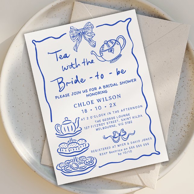 Invitación Whimsical Blue Hand Drake Tea Bridal Shower (Blue Hand Drawn Bridal Tea Invitation, Tea with the Bride to Be Invite, Whimsical Tea Bridal Shower )