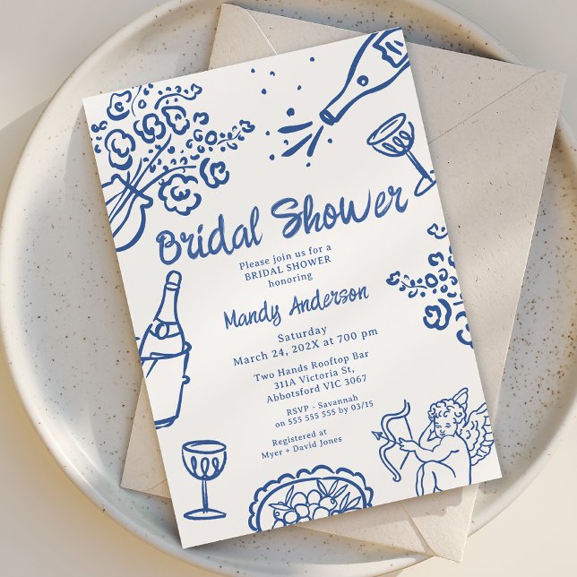 Invitación Whimsical Blue Hand Drawing Cherub Bridal Shower (Hand Drawn Bridal Shower Invitation, Bridal Shower Invitations, Hand Drawn Bridal Invitation Blue)