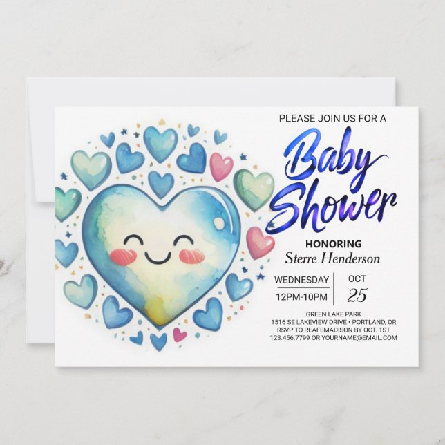 Invitación Whimsical Blue Hearts Watercolor Boy Baby Shower (Anverso)