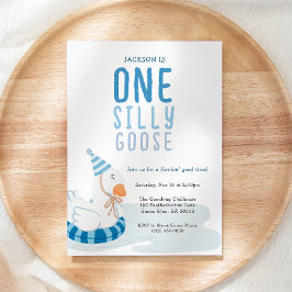 Invitación Whimsical Blue One Silly Goose First Birday