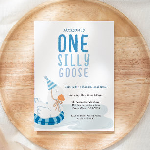 Invitación Whimsical Blue One Silly Goose First Birday
