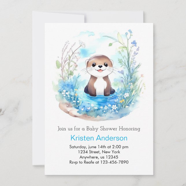 Invitación Whimsical Blue Otter Wildflower Boy Baby Shower (Anverso)