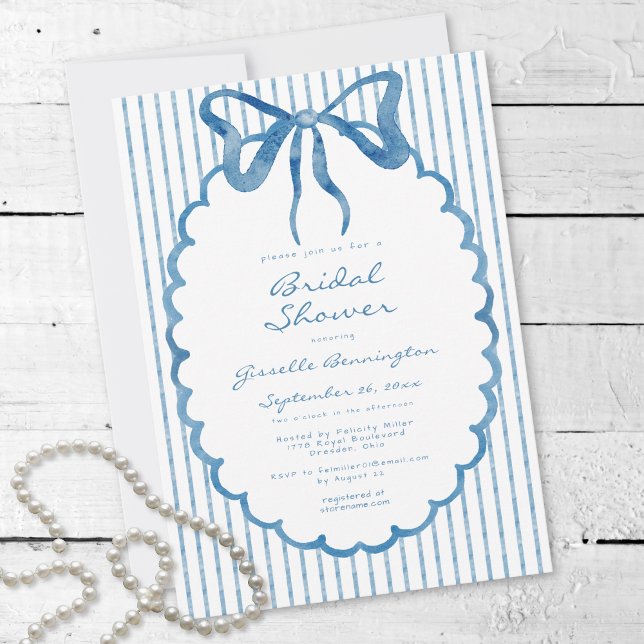 Invitación Whimsical Blue Watercolor Bow Stripe Bridal Shower (Whimsical Blue Watercolor Bow Stripe Bridal Shower Invitation)